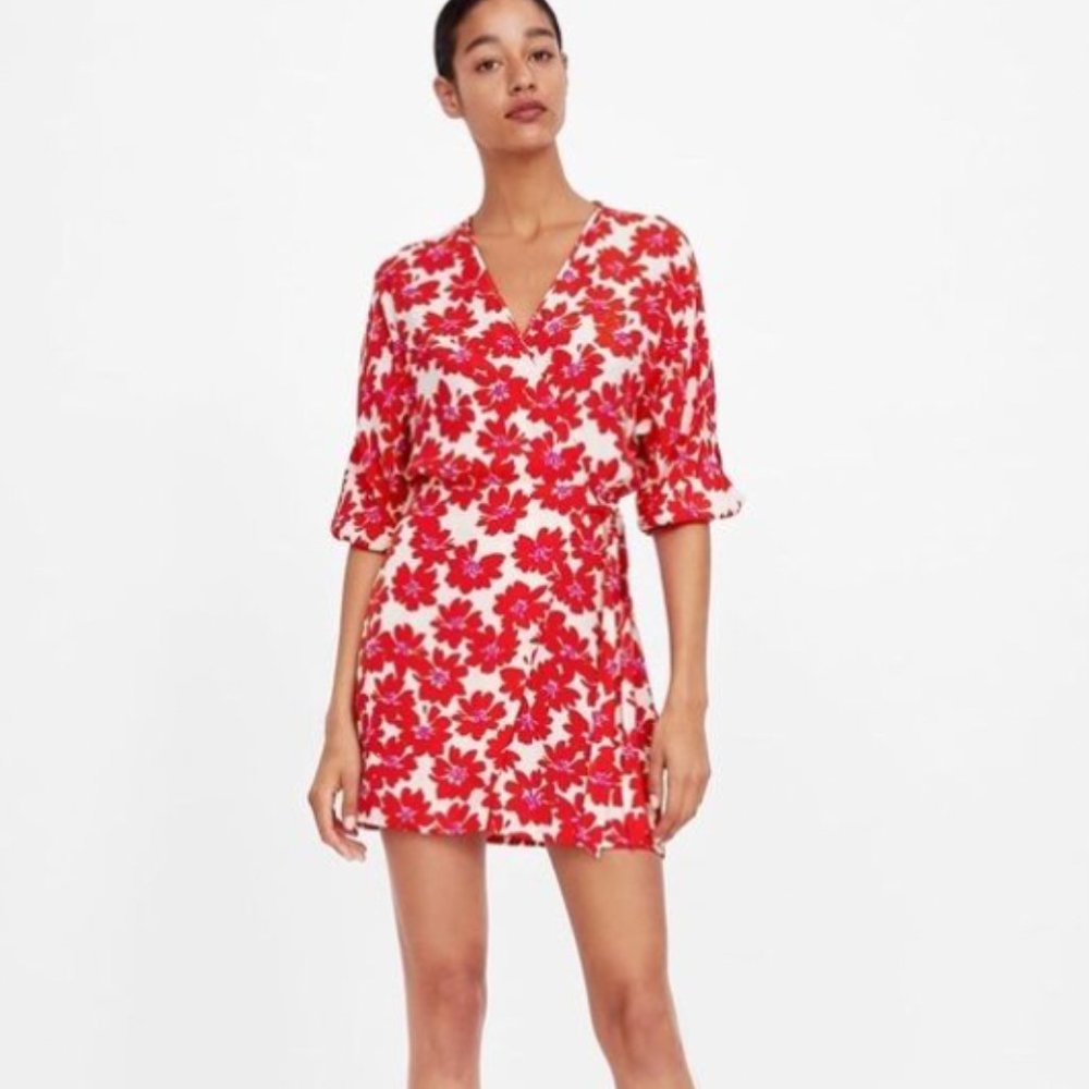 Zara Red and White Floral Print Wrap Dress